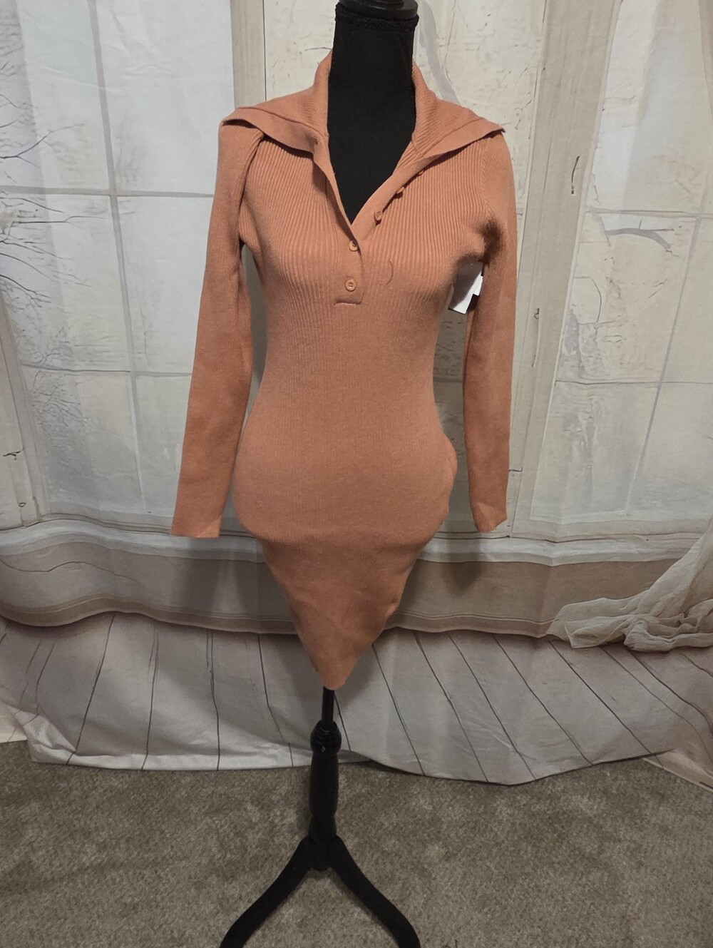 Kohl's Ribbed Long-Sleeve Collared Bodycon Dress - Peach